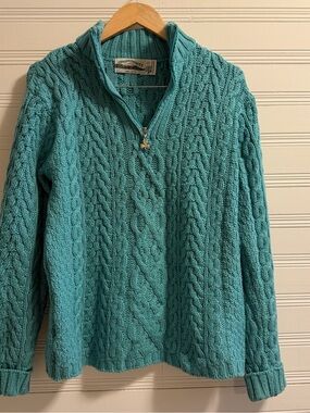 Aran Crafts Merino Wool Cable Knit Quarter Zip Teal Small Made in Ireland